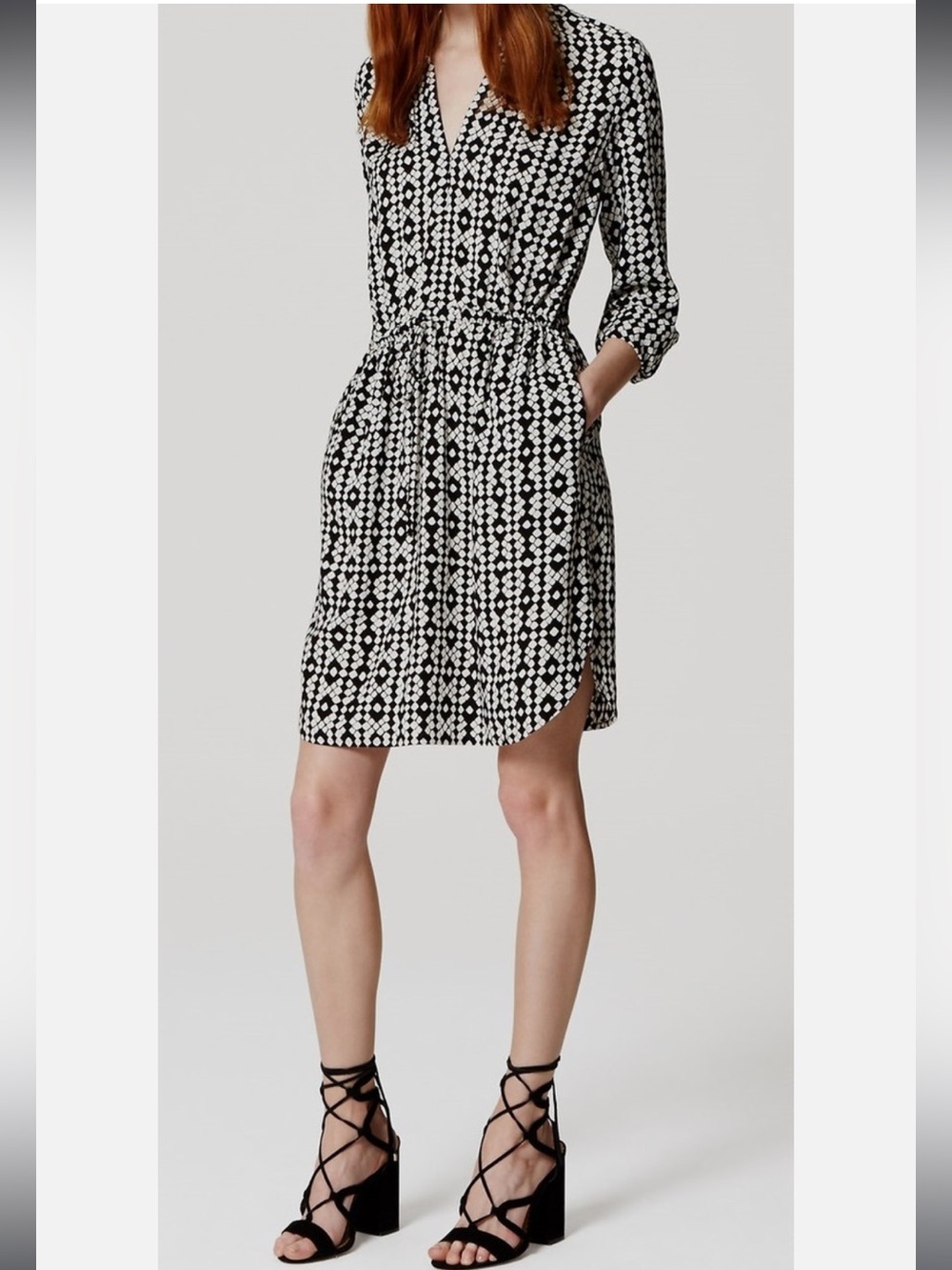 Ann Taylor LOFT Diamond Geometric Tie Waist Black Shirtdress Pockets Medium